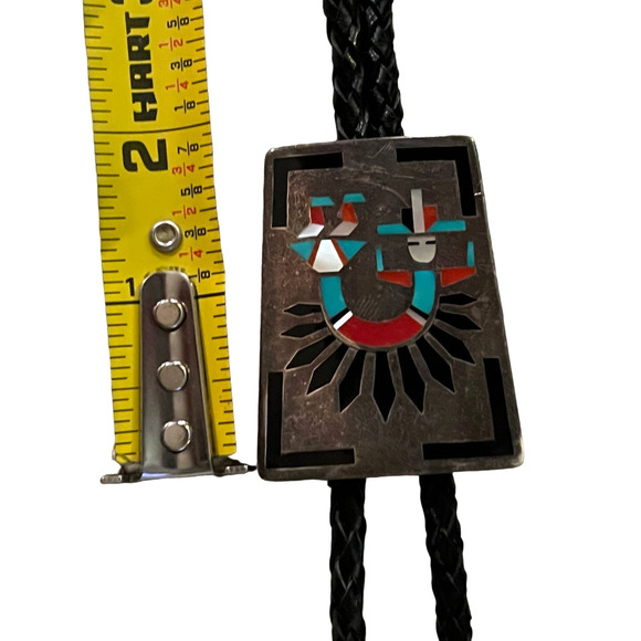 F.L. Natachu Sterling Silver and Inlay Stones Rainbow Man Bolo Tie Vintage Zuni - Picture 16 of 16